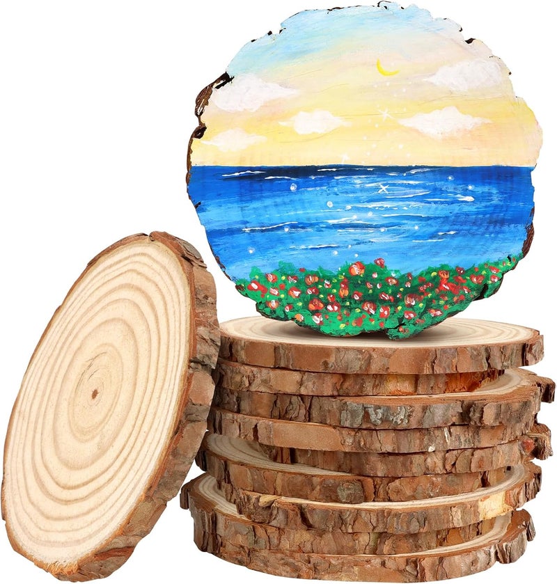 FSWCCK 10 PCS Unfinished Wood Slices for Centerpieces，4.7-5.1 Inch,Round Natural Discs with Tree Bark,Wooden Cookies Circles for Crafts Christmas Ornaments, Rustic Wedding Table Decoration (4.7"-5.1") - Image 1
